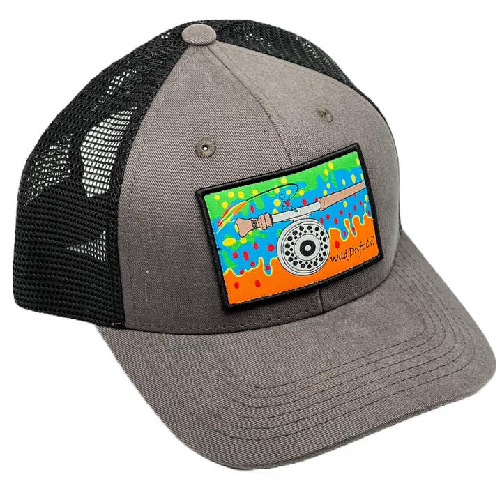 Gray/Black Fly Reel Patch Hat for wholesale by Wild Drift Co. (WDC)