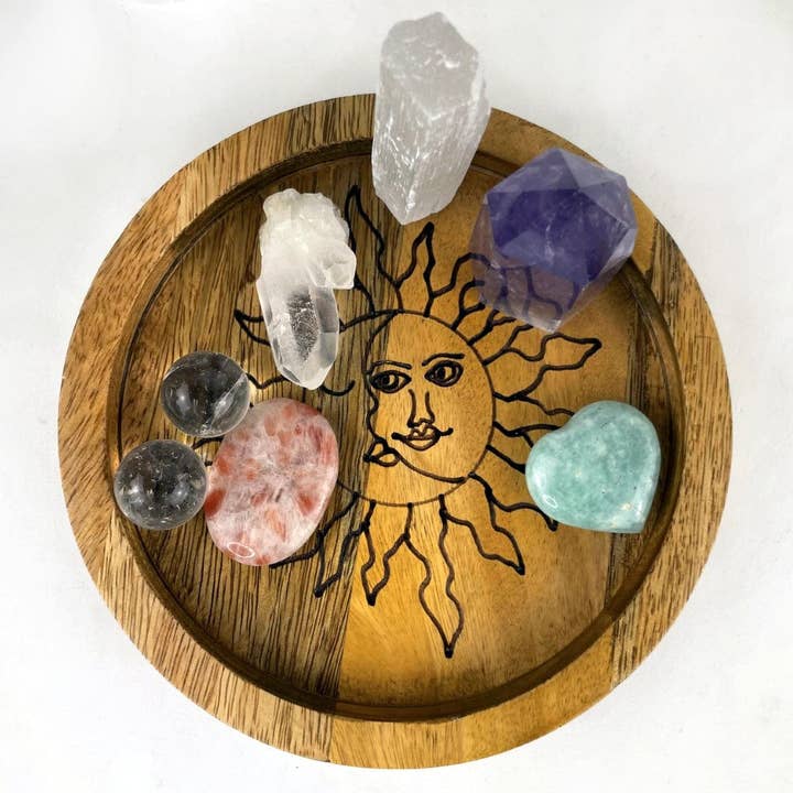 Rock Paradise - Wholesale Decorative Tray - Sun and Moon Wood Crystal Tray - Mango Wood 2 Sizes2
