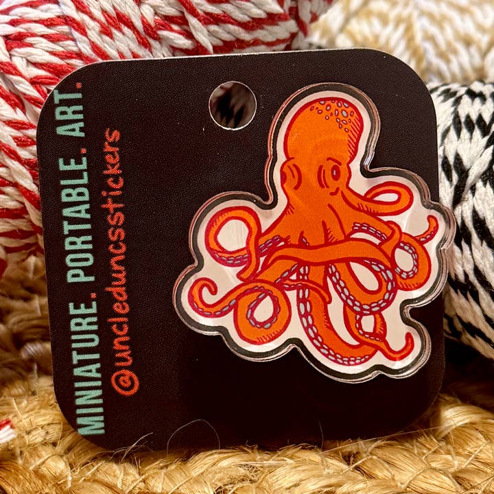 Octopus Acrylic Pin for wholesale by Uncle Dunc's Sticker Shoppe
