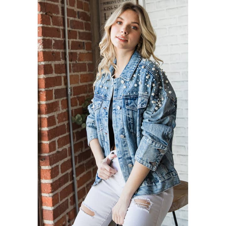 Med Wash Pearl and Rhinestone Denim Jacket for wholesale on Faire