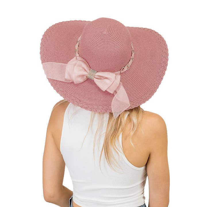 Cap Zone - Wholesale Straw Hat - Women's - Embellished Burlap Ribbon Decor Floppy Brim Toyo Straw Hat