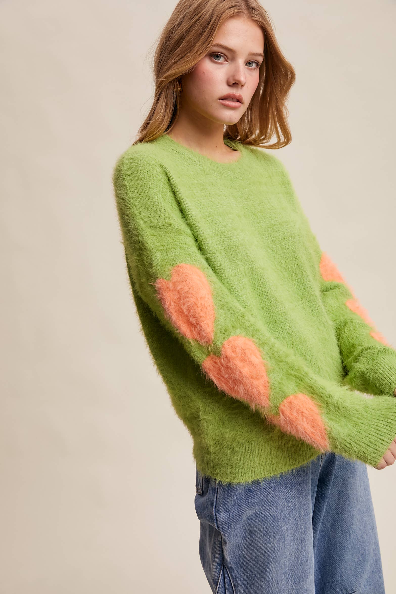 Listicle - Wholesale Knit Sweater - Women's - Fuzzy Heart-Sleeve Pullover Sweater LSW08726