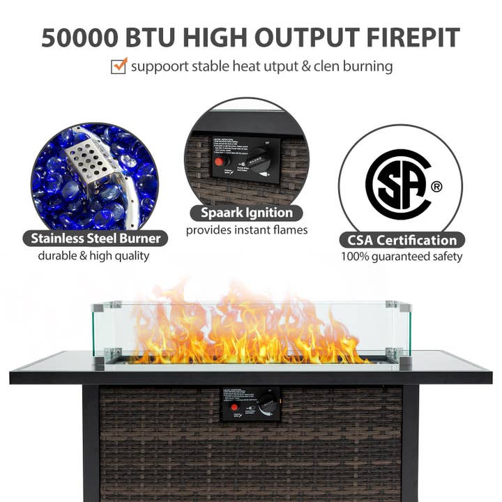 39F Inc. - Wholesale Fire Pit - 50,000 BTU Propane Gas Fire Pit Table, 44" with Lid & Glass 5