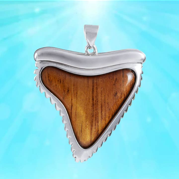 Hawaiian X-Large Genuine Koa Wood Shark Teeth Pendant, Sterling Silver Shark Teeth Pendant, Christmas Anniversary Mom Birthday Gift for wholesale by Paradise Treasures Jewelry