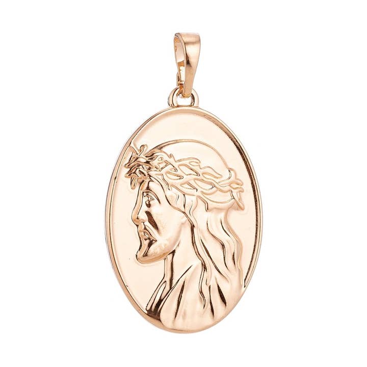 Aim Eternal - Wholesale Individual charm/pendant - 18K Gold Filled Face of Jesus wear Crown of Throne Oval Charm Faith Pendant Religious Jewelry for Necklace Making Supply Gift H-5880
