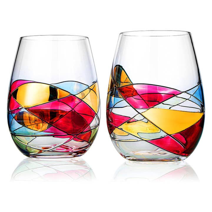 Håndmalet Stemless Vinglas Sæt af 2 for engroshandel hos The Wine Savant / Khen Glassware