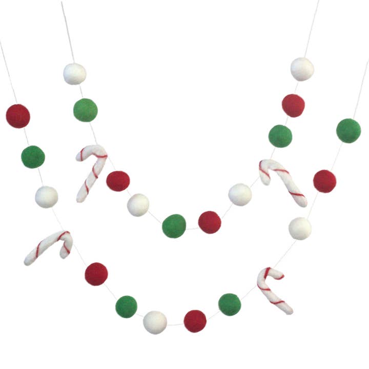 Candy Cane Christmas Felt Ball Garland- Kelly Green Red for wholesale by Matthew + Mae