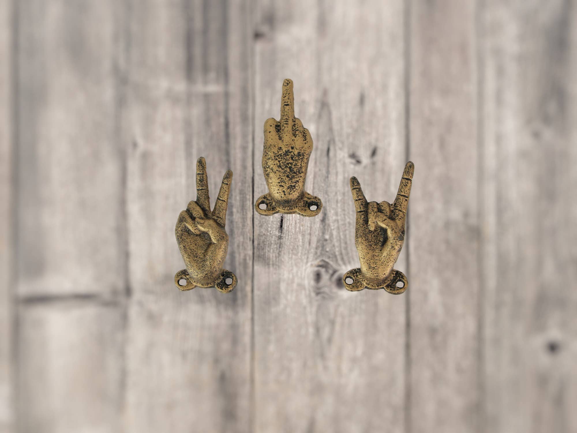 Zeckos - Wholesale Wall Hook - Set of 3 Gold Cast Iron Hand Gesture Decorative Wall Hooks3