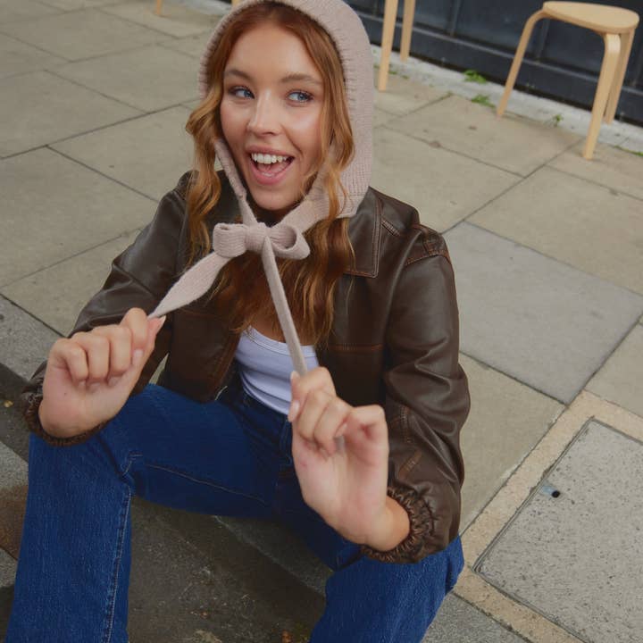 Knitted Bonnet in Light Brown for wholesale on Faire2