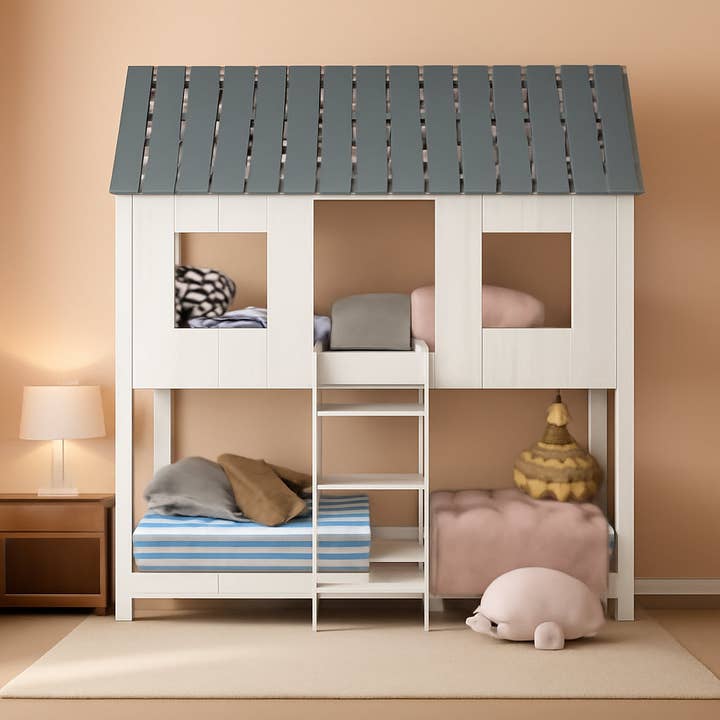 Twin House Bunk Bed With Playhouse White And Gray Finish for wholesale on Faire