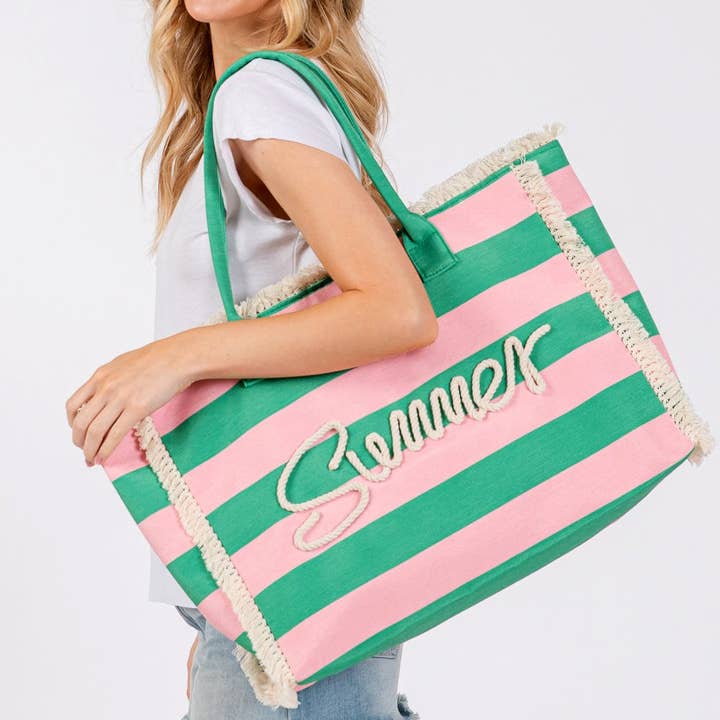 MiMi Wholesale - Wholesale Tote Bag - Women's - MB0267 Sewn Tope Summer Letter Fringe Striped Tote Bag