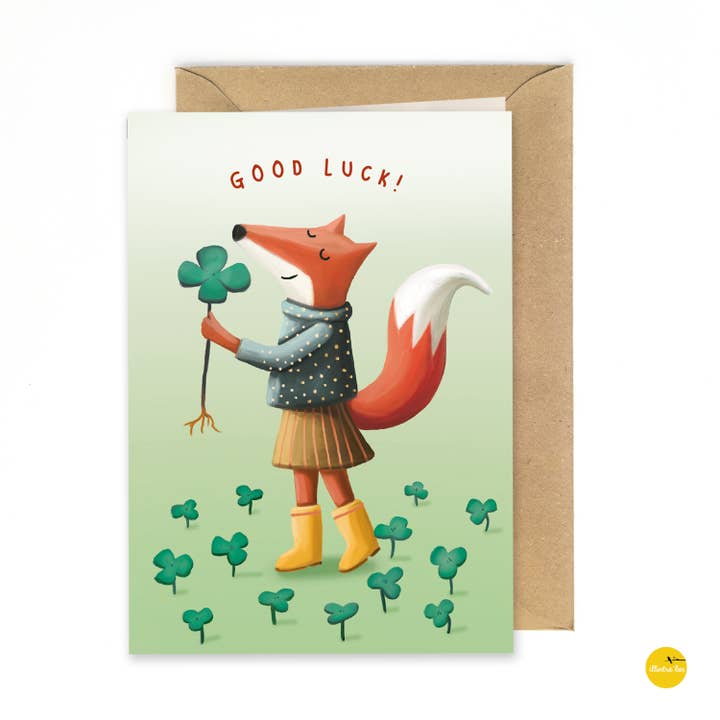 Wenskaart vosje good luck voor wholesale door illustralies