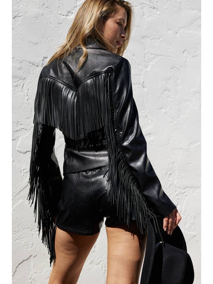 Black LP1405 Faux leather fringe Shorts for wholesale on Faire5