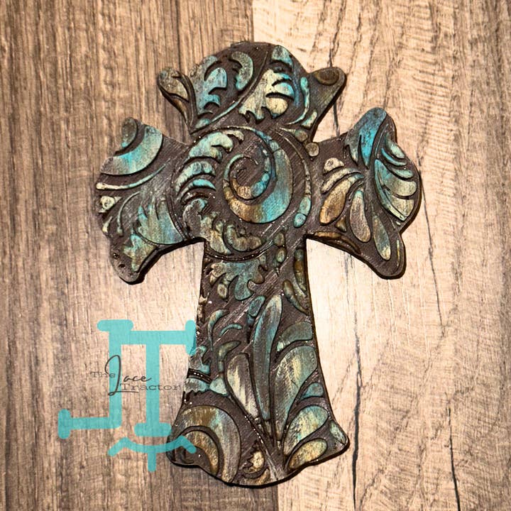 The Lace Tractor - Wholesale Car Freshener - Unisex - Turquoise Tooled Leather Cross