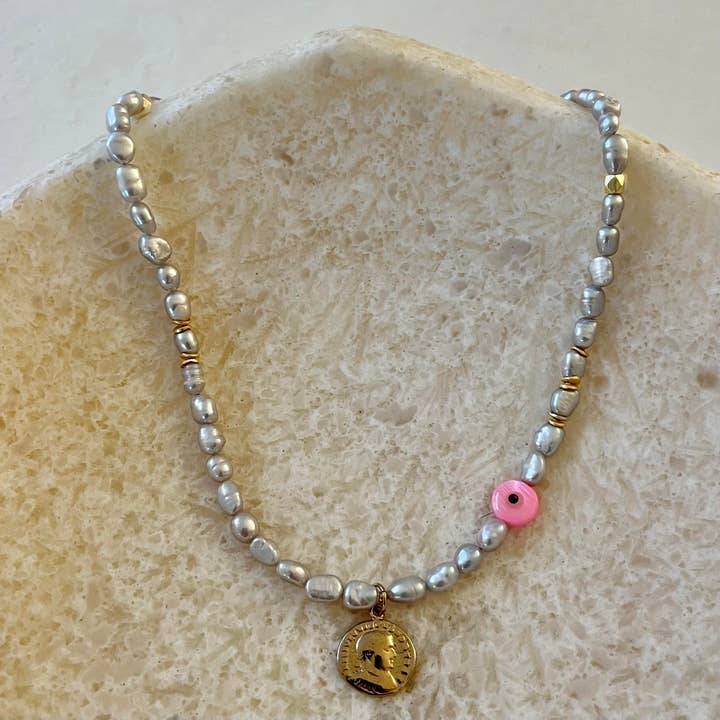 House of Olia - Wholesale Pendant/Charm Necklace - Proteji Silver Pearl Pink Evil Eye Gold Filled Coin Necklace