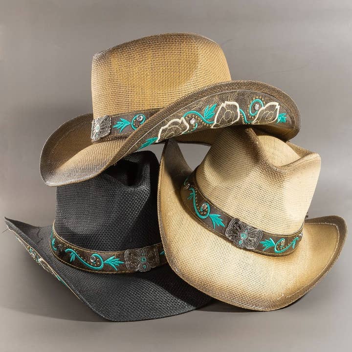 Sombrero Vaquero de Paja con Detalle de Concho de Mariposa Occidental para venta al por mayor de Collections by Fame Accessories