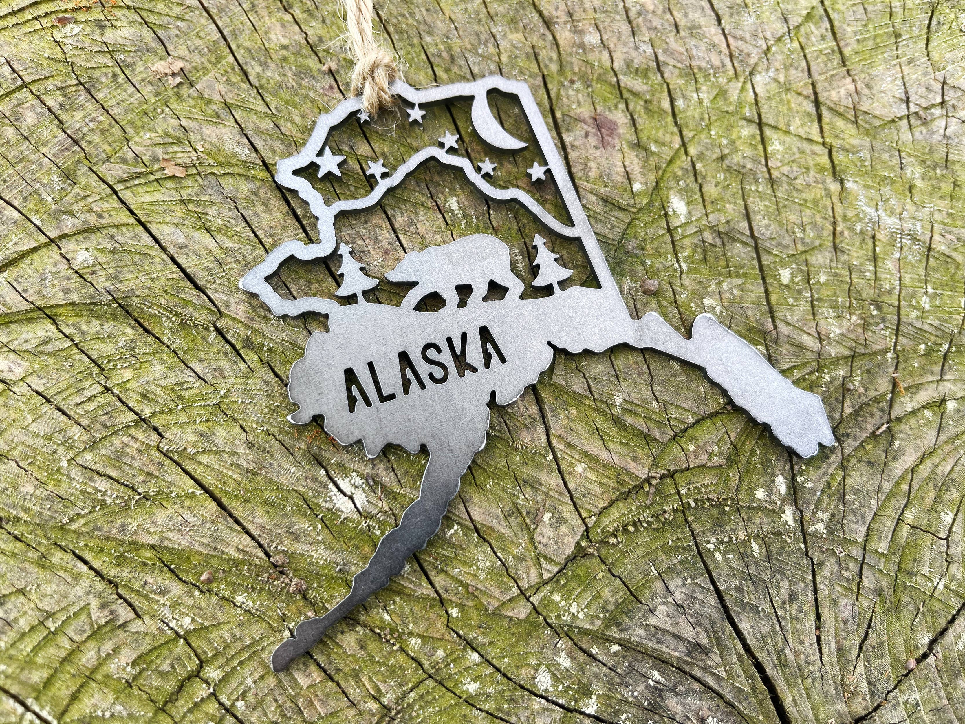 BE Creations & Designs, Inc. - Wholesale Ornament - Alaska State Bear Scene Raw Steel Ornament made in USA *NEW6