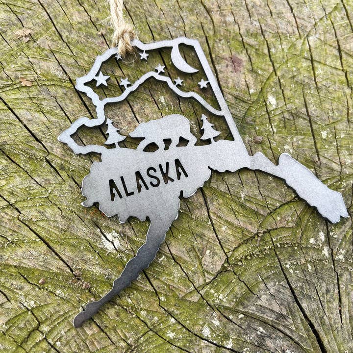 BE Creations & Designs, Inc. - Wholesale Ornament - Alaska State Bear Scene Raw Steel Ornament made in USA *NEW6