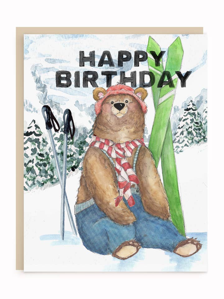 Biglietto di compleanno Ski Bear per la vendita all'ingrosso da parte di Lizzy & Grace