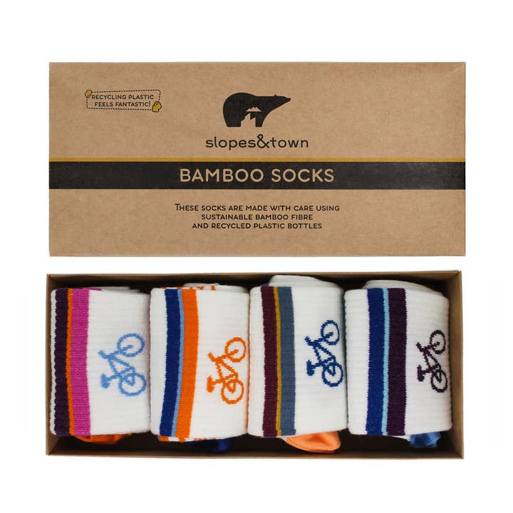 Geschenkbox mit 4 Paar Slopes&Town Bambus-Socken mit Fahrrad-Motiv für den Großhandel von Slopes&Town