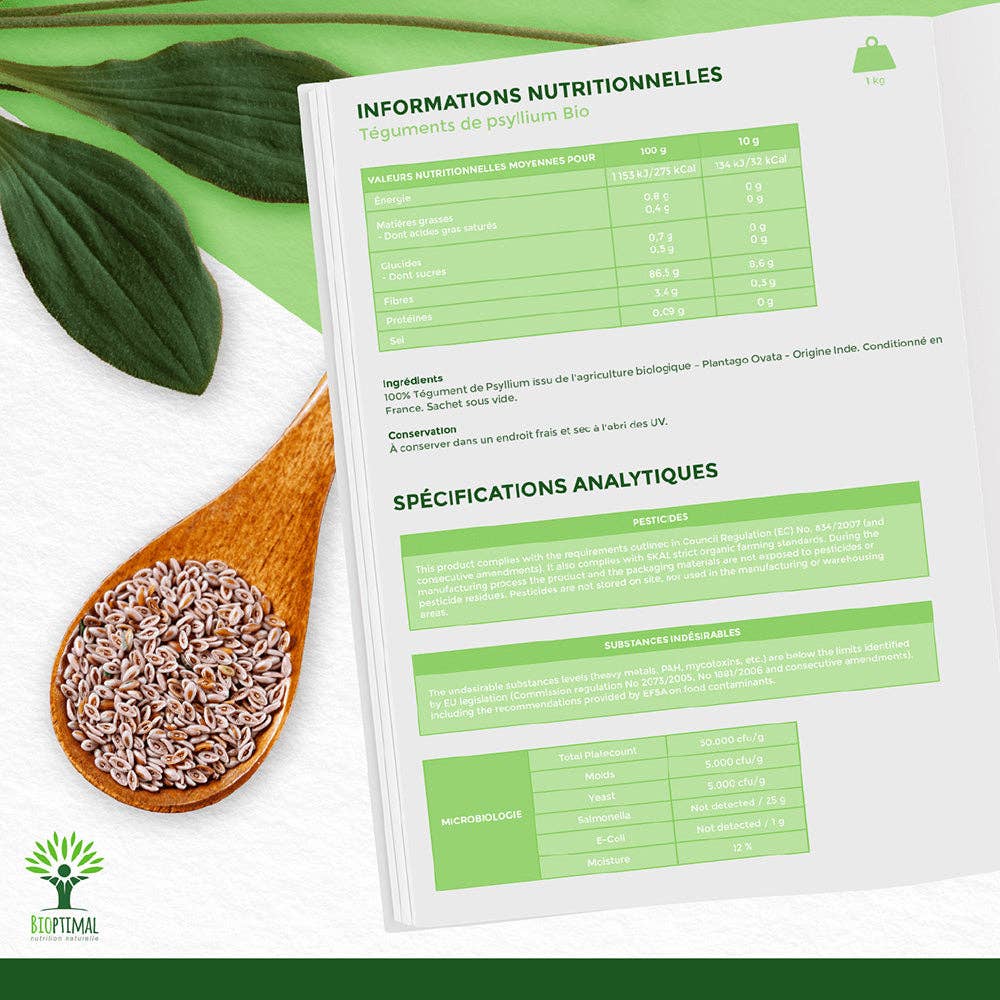 Bioptimal - Vente Poudres protéinées/superaliments - Téguments de Psyllium bio -  Bioptimal7