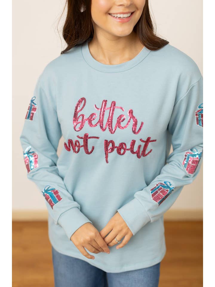 Better not Pout sequins Blue Sweater for wholesale on Faire