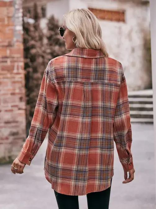 Lovesoft - Wholesale Button Down Shirt - Women's - Coffee Casual Fashion Oversized Loose Plaid Shirt13