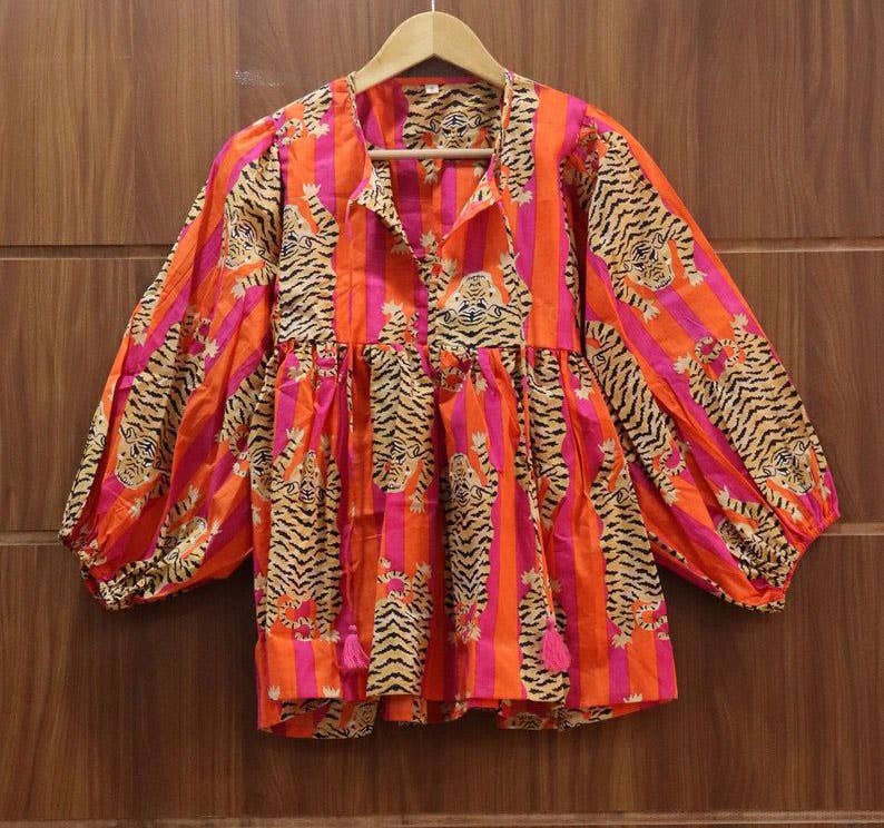 bhavnas boutique - Vendita all'ingrosso Vestito - Donna - Vestito midi con stampa a blocchi Arancione a righe e tigri1