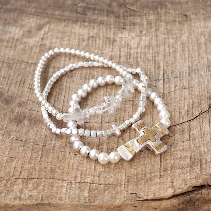 PennyLine inc - Wholesale Beaded Bracelet - Cross bracelets set in Worn Silver tone boho style1