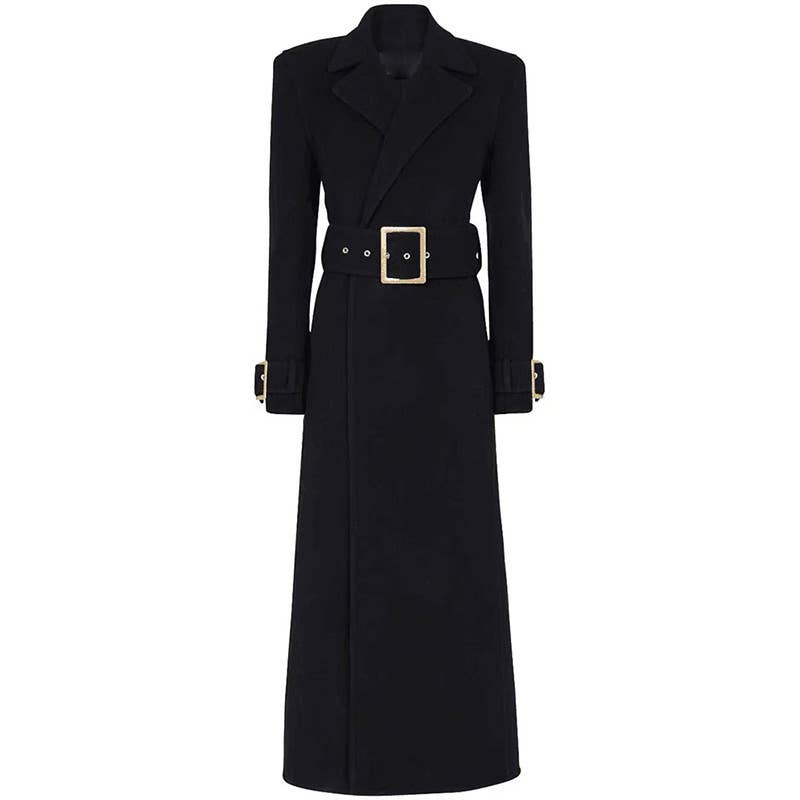 CT027 Elegant Long Black Wool Coat with Gold Accents for wholesale on Faire0