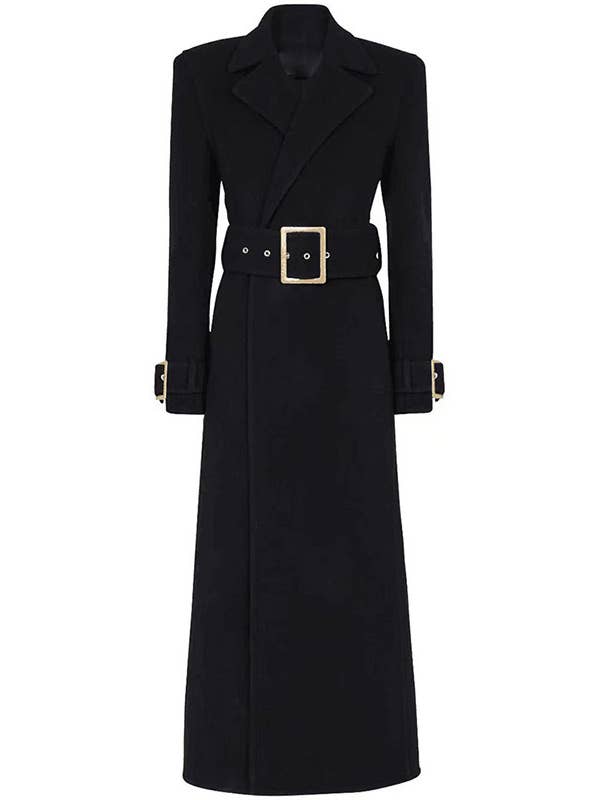 CT027 Elegant Long Black Wool Coat with Gold Accents for wholesale on Faire