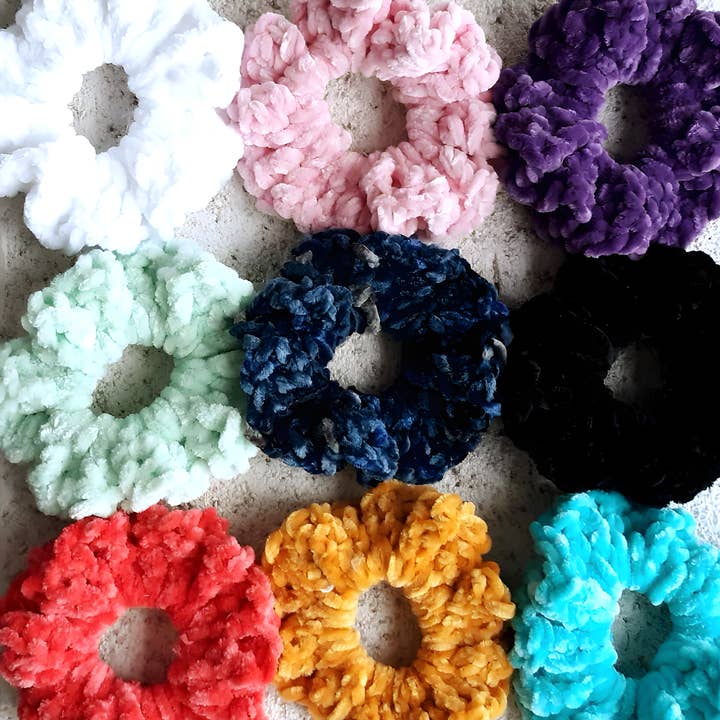 Mixed Hair Scrunchies, 4" Crochet Velvet Velveteen Chenille for wholesale by Clover Garden Crafts