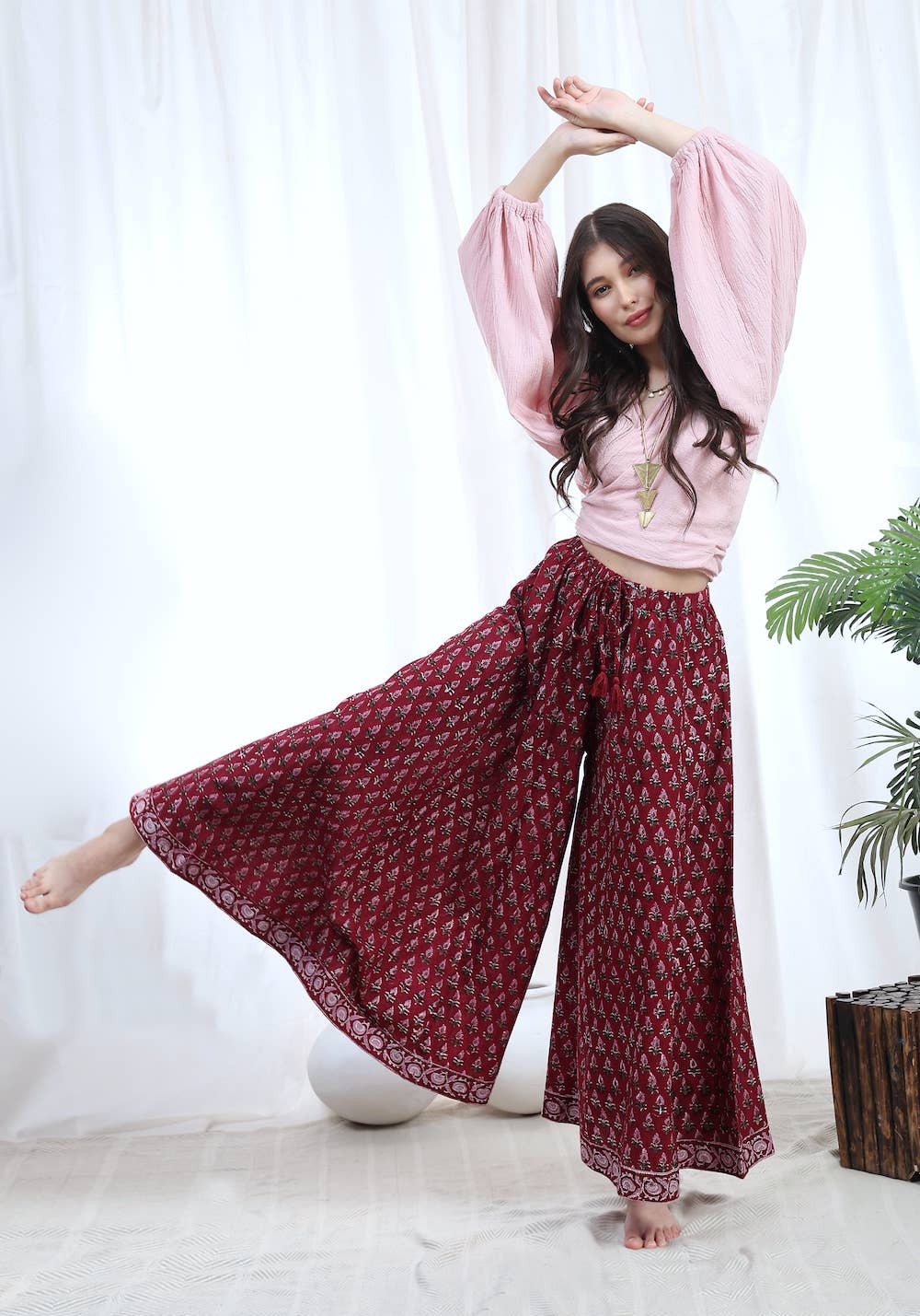 The Fox and The Mermaid - Wholesale Pants - Women's - Althea Cotton Palazzo Pants: Burgundy10
