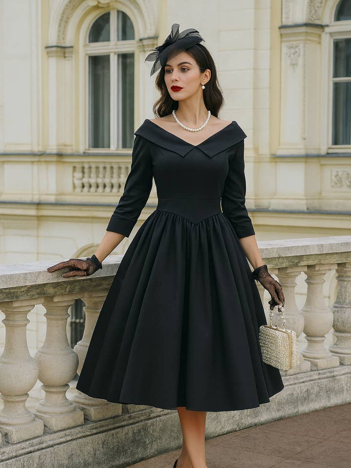 Ruth Classic Elegance Black Swing Dress for wholesale by Dolly & Dotty