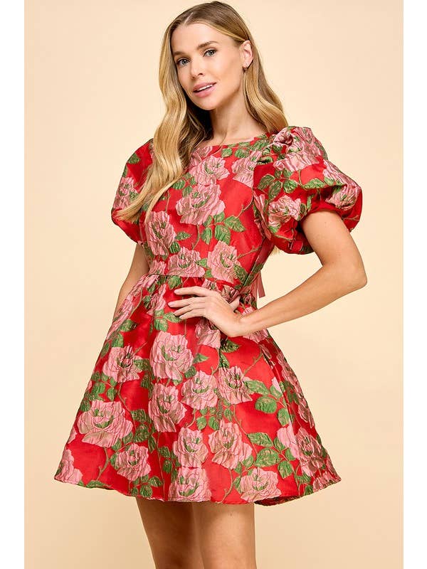 Red CD05082-Floral Print Open Back Balloon Sleeves Dress for wholesale on Faire
