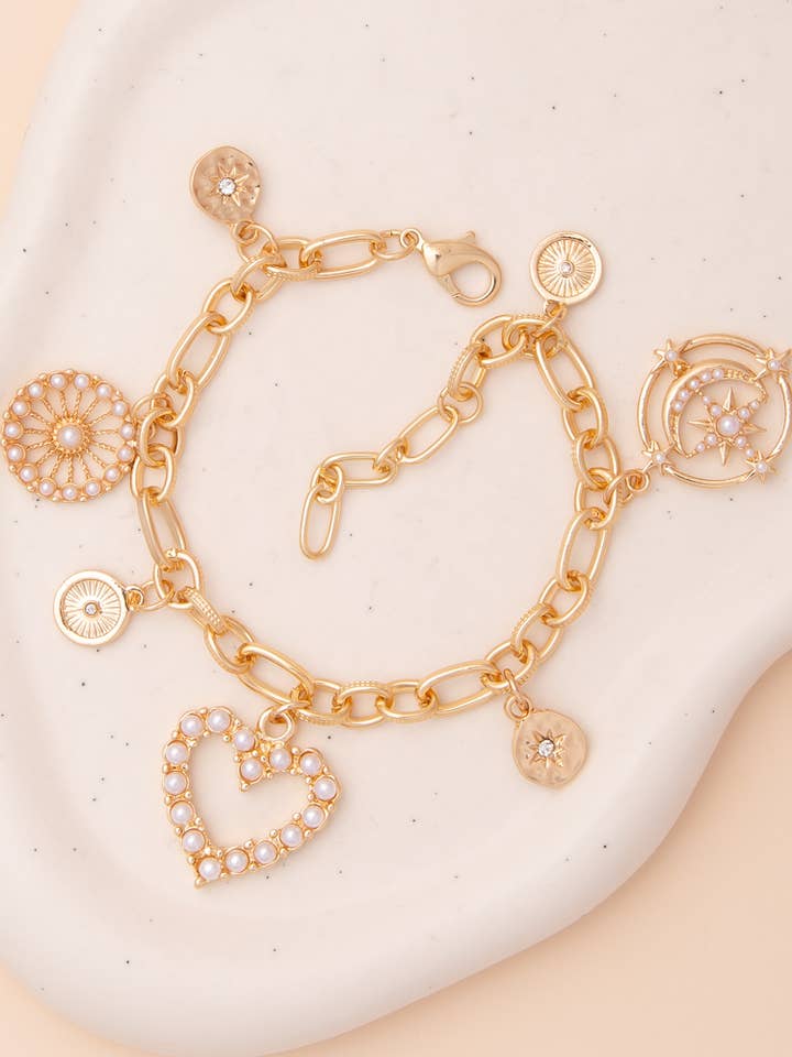 Pearl Crystal Heart Charm Bracelet for wholesale by SP Sophia Collection