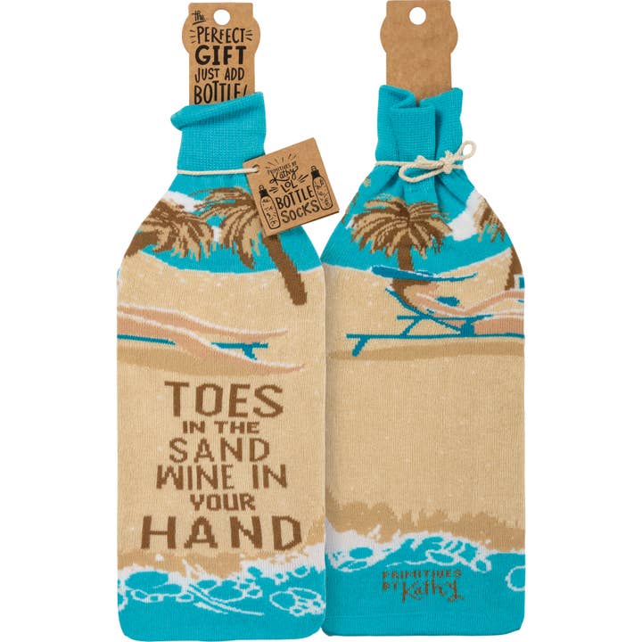Primitives by Kathy - Wholesale Wine Gift Bag - Toes In The Sand Wine In Your Hand Bottle Sock