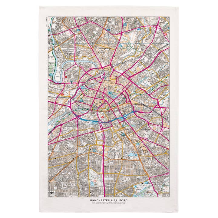 Manchester & Salford contemporary map tea towel for wholesale by MAPWORKS - Jane Revitt