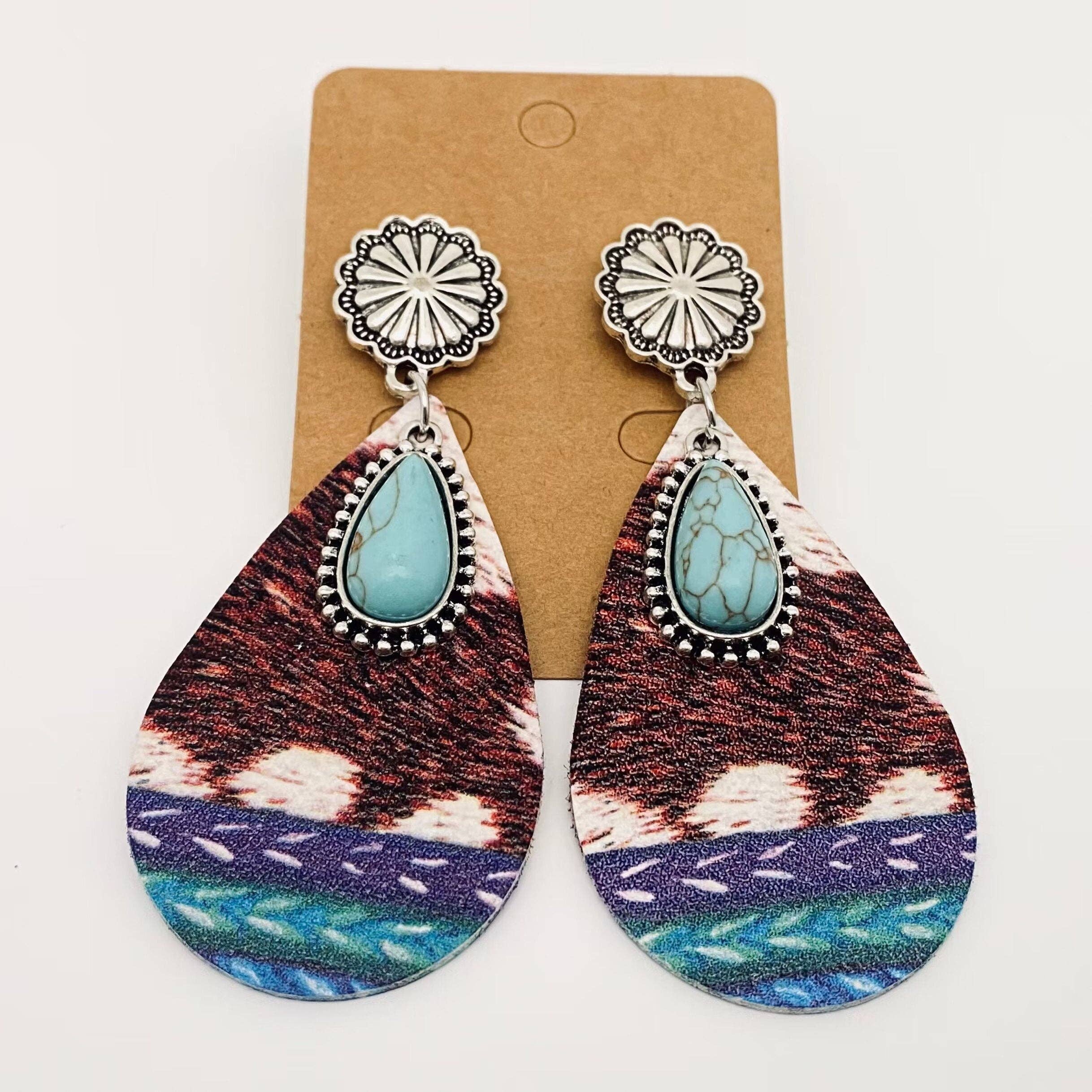 Mio Queena - Wholesale Dangle Earrings - Western Drop-shape Leather Turquoise Pendant Earrings - WJ0