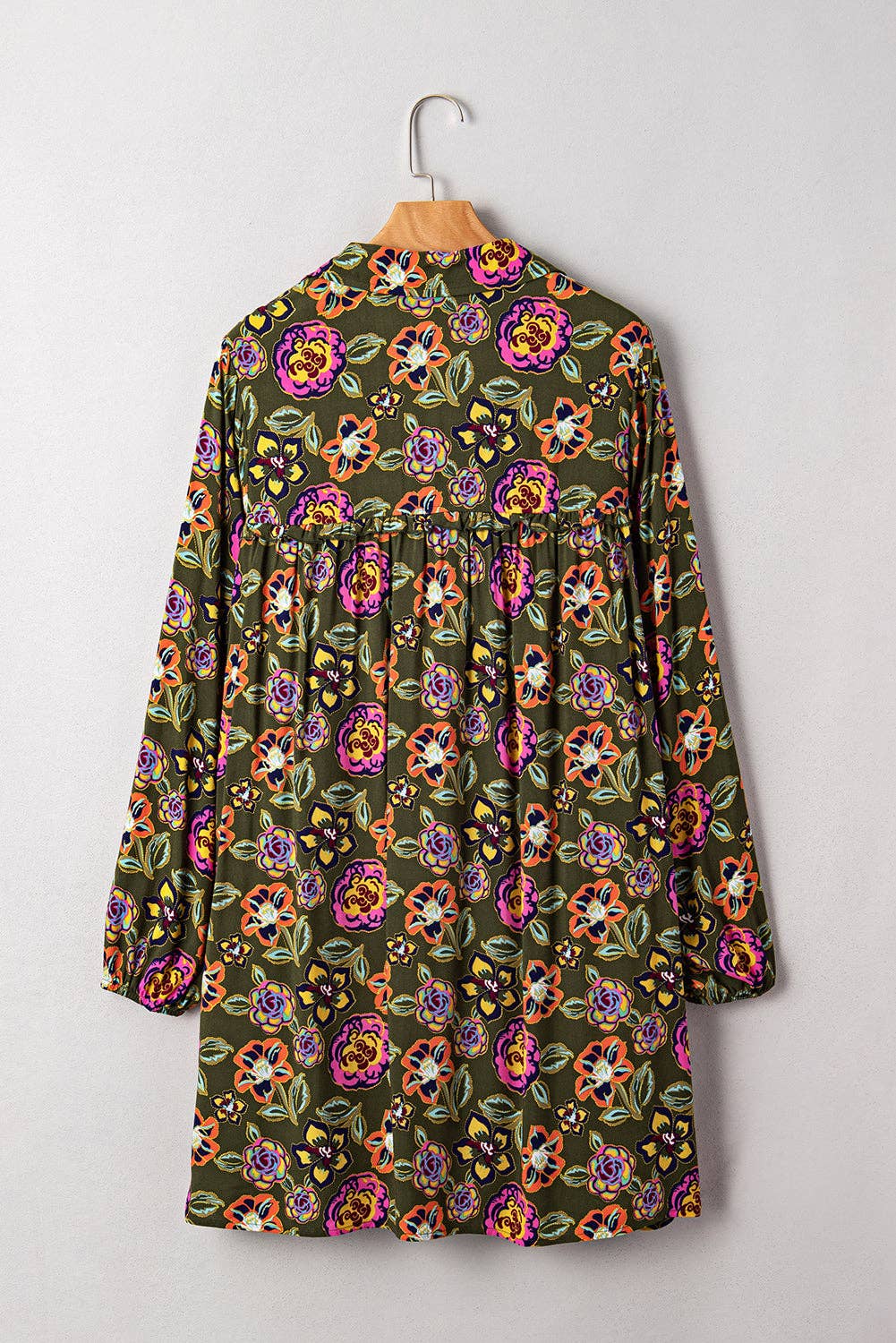 Green Floral Print Split Neck Bubble Sleeve Shift Mini Dress for wholesale on Faire4