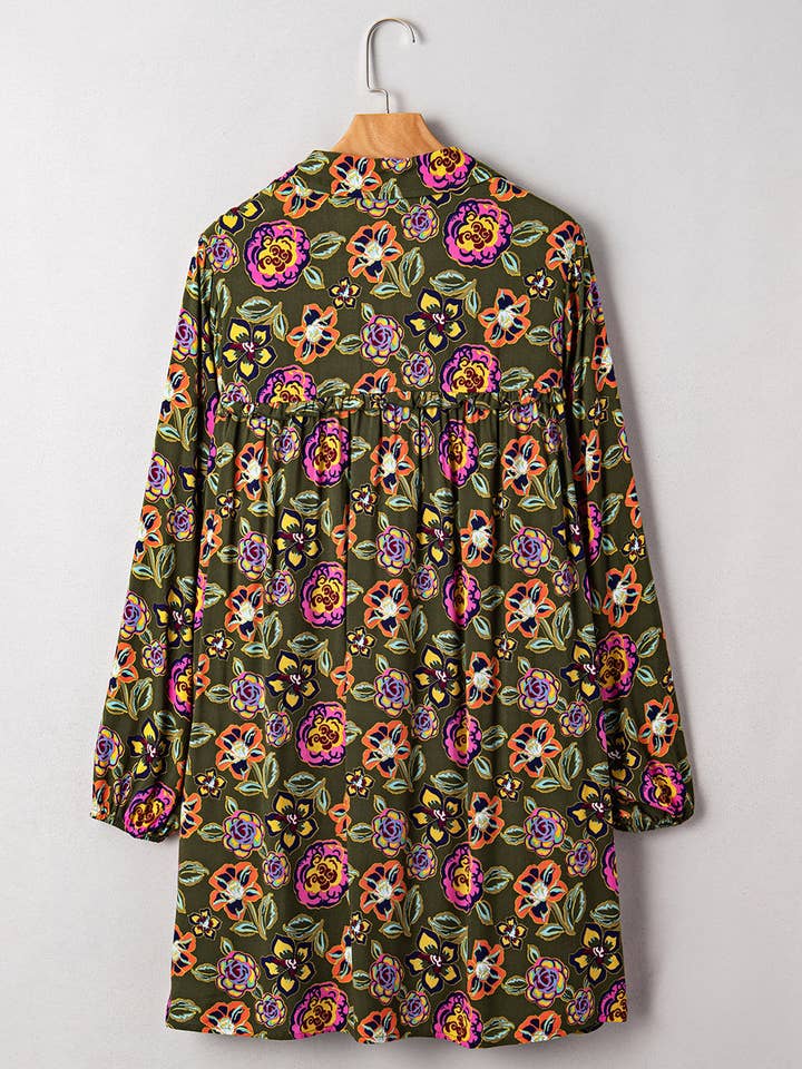 Green Floral Print Split Neck Bubble Sleeve Shift Mini Dress for wholesale on Faire4
