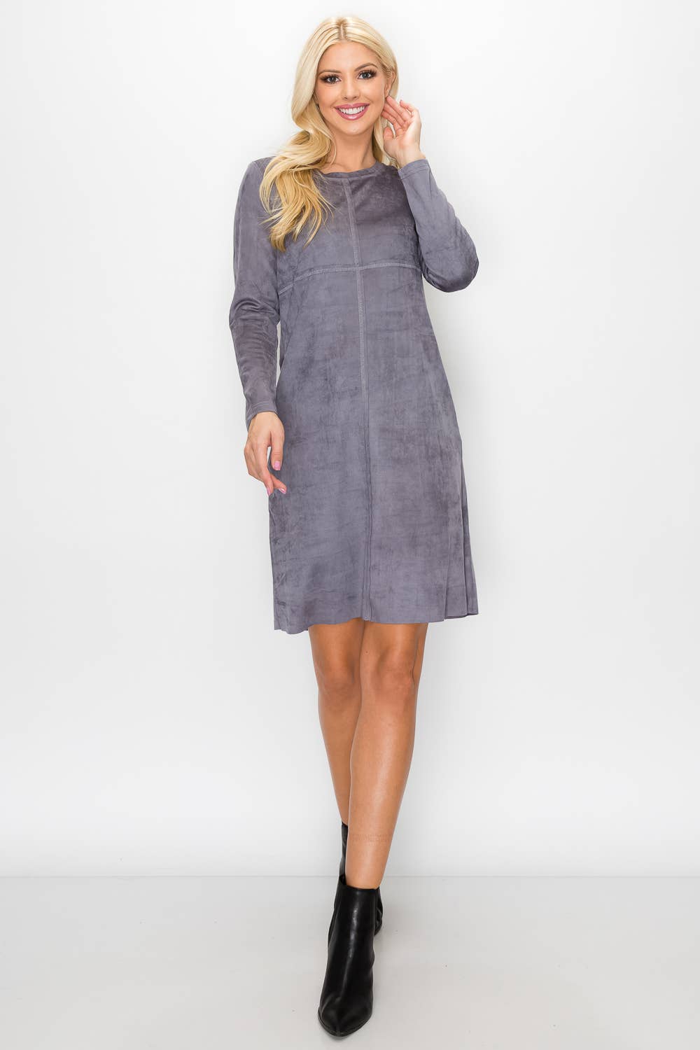 Joh Apparel - Vendita all'ingrosso Vestito - Donna - Abito con scollo rotondo in pelle scamosciata elasticizzata Aurora senza tasche7