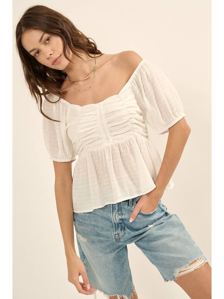 Promesa USA - Wholesale Blouse - Women's - Solid Woven Scoop Neck Ruched Blouse