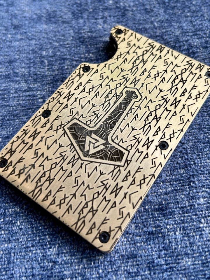 Norse Viking Design Engraved Brass Card Wallet | Minimalist | RFID Shield | for wholesale by Defcon Supply