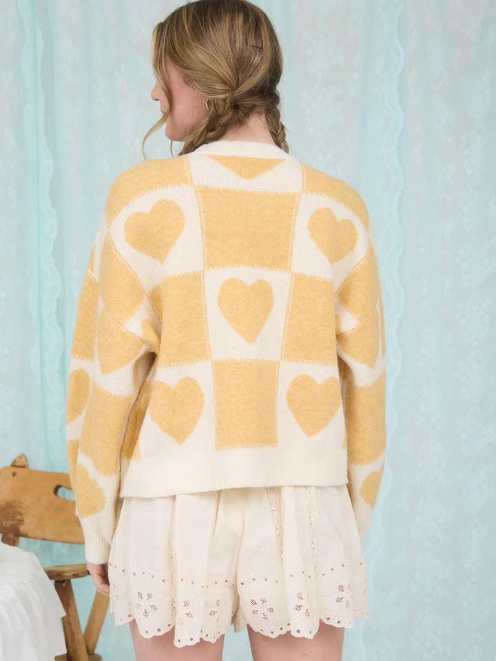 Blu Pepper - Wholesale Knit Sweater - Women's - HEART CHECKERED PATTERN CREW NECK KNIT SWEATER1