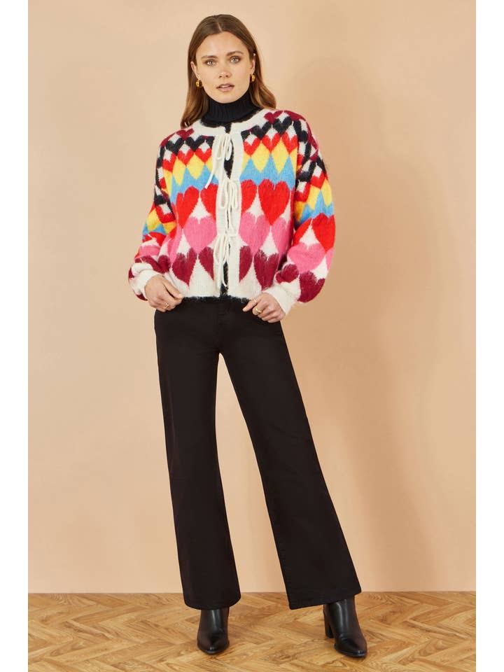 Multi Yumi Multicolour Tie Front Heart Intarsia Cardigan for wholesale on Faire3
