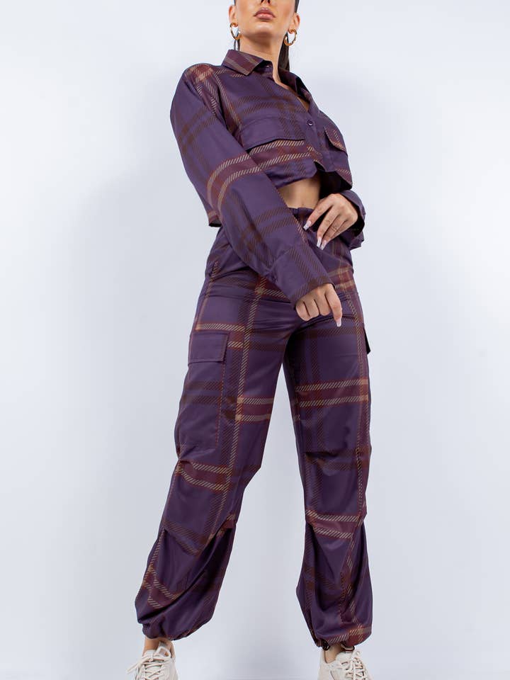 BT5850-SET_Cropped shirt & cargo pants set-PLUM for wholesale by Her Bottari