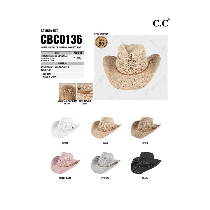 Hana - Vente Chapeau de cowboy – femme - Chapeau de cowboy en tricot à lacets en fer à cheval C.C