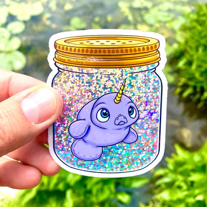 Ryan McCulloch Art - Wholesale Sticker - GLITTER STICKER: Magical Pet Unicorn-Manatee In A Jar