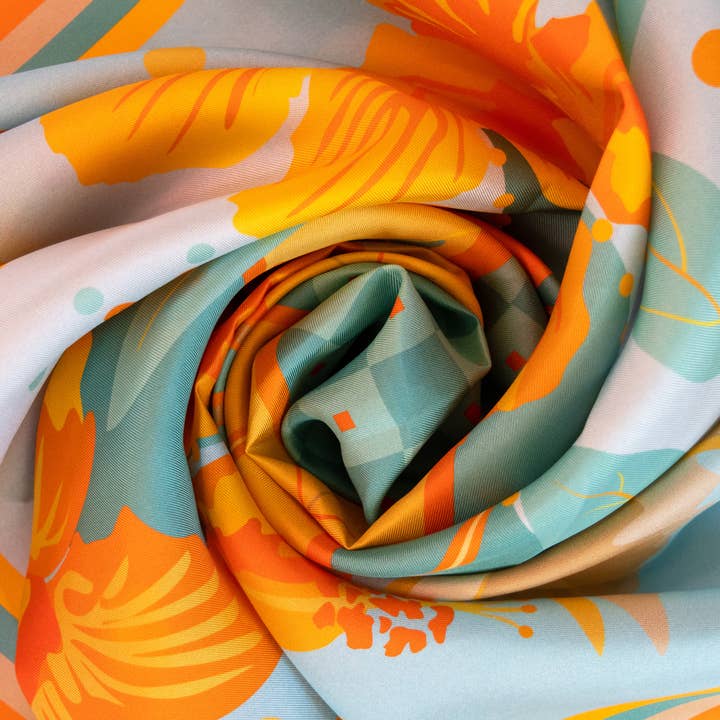 ZILEM - Vendita all'ingrosso Sciarpa - Donna - Lussuosa sciarpa quadrata turchese e arancione in twill di seta | Sciarpe artistiche originali di ispirazione haitiana di una piccola impresa | Azuei Mint Dream2